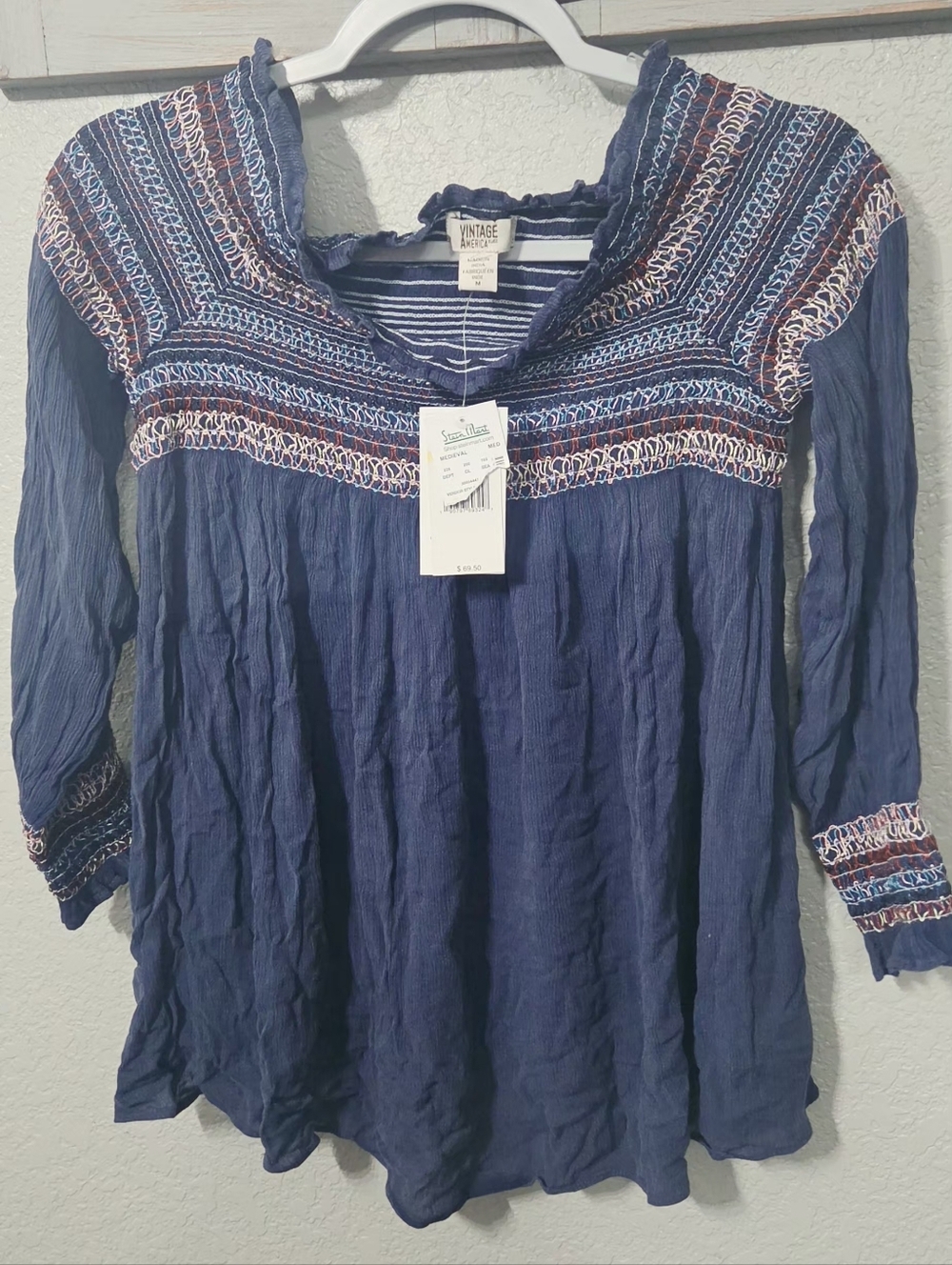 NWT Vintage America Navy Multicolor Embroidered Tunic Top Size M